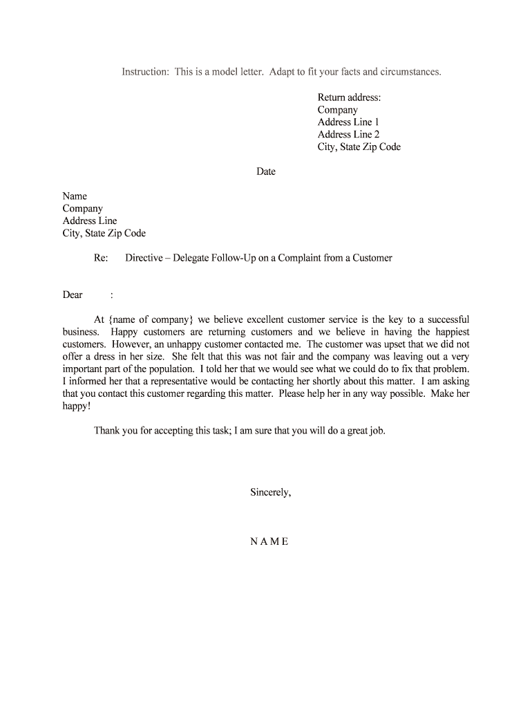 Directive Delegate Follow Up on a Complaint from a Customer  Form
