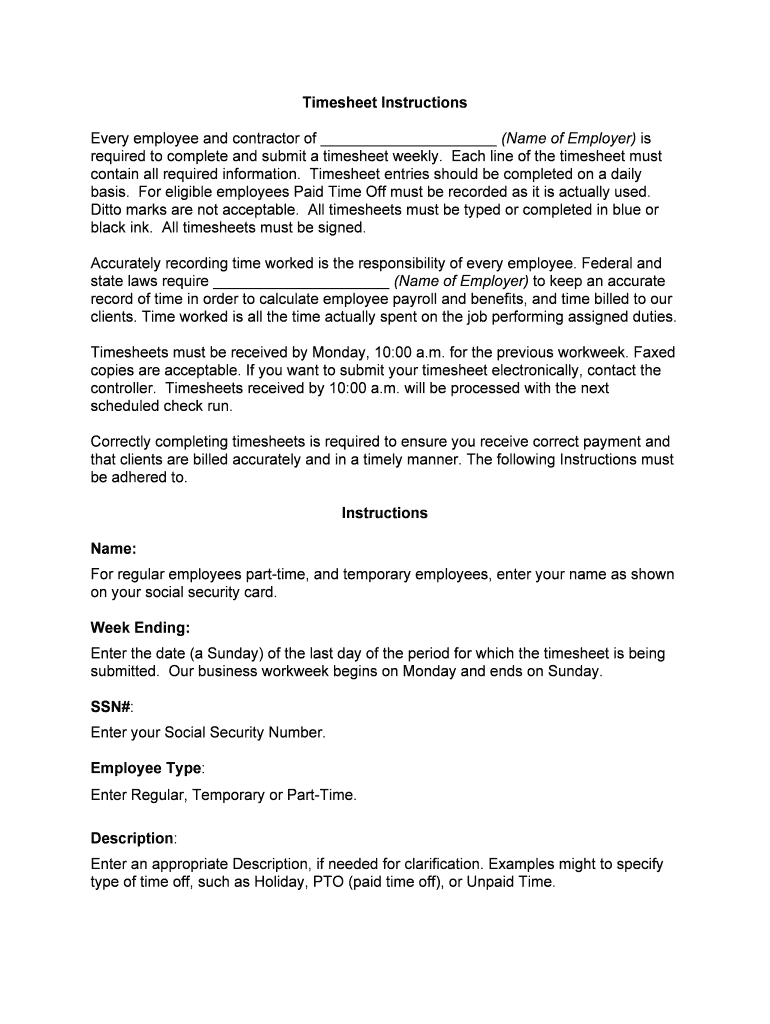 Timesheet Instructions Template Net  Form