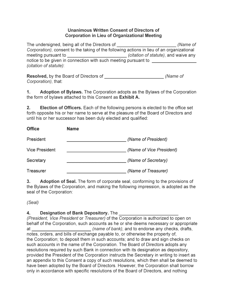 Fill and Sign the Exhibit 101 Unanimous Written Consent of Board of Directors Form