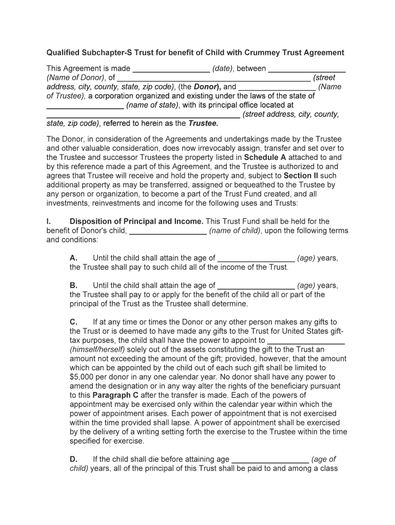 Fill and Sign the Qualified Subchapter S Trust for Benefit of Child with Crummey Trust Agreement Form