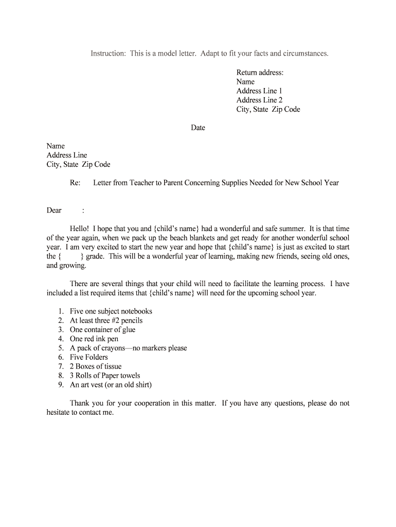Letter from Teacher to Parent Concerning Supplies Needed for New School Year  Form