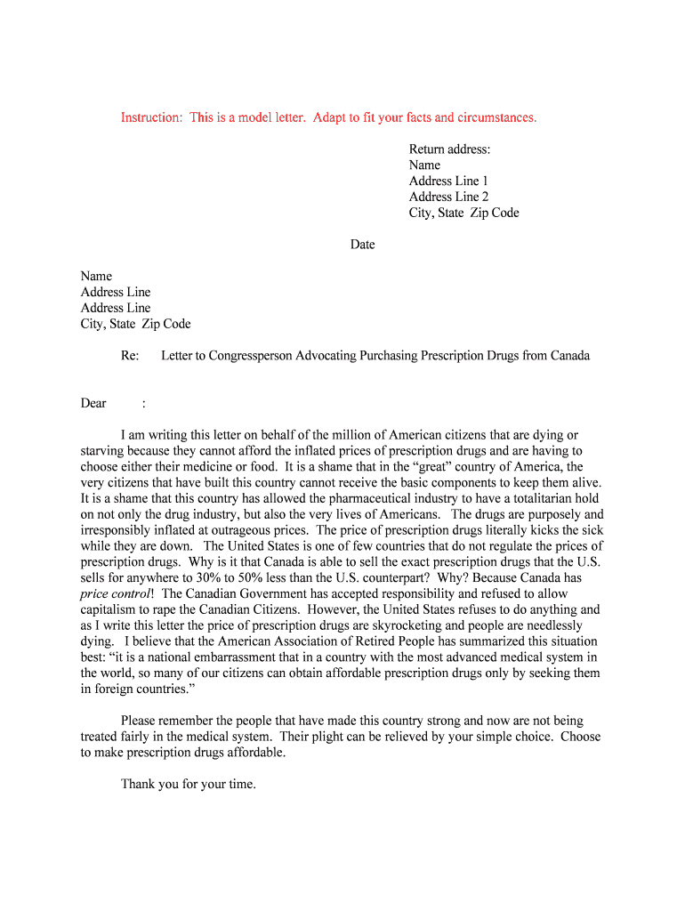 Letter to Congressperson Advocating Purchasing Prescription Drugs from Canada  Form