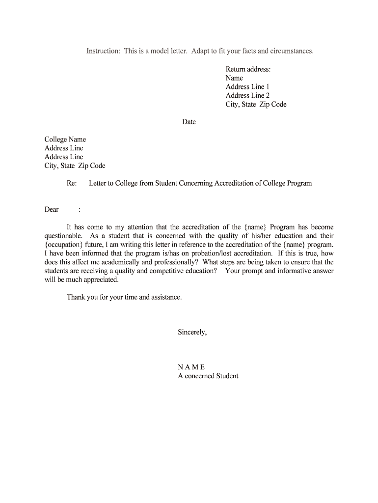 Letter to College from Student Concerning Accreditation of College Program  Form