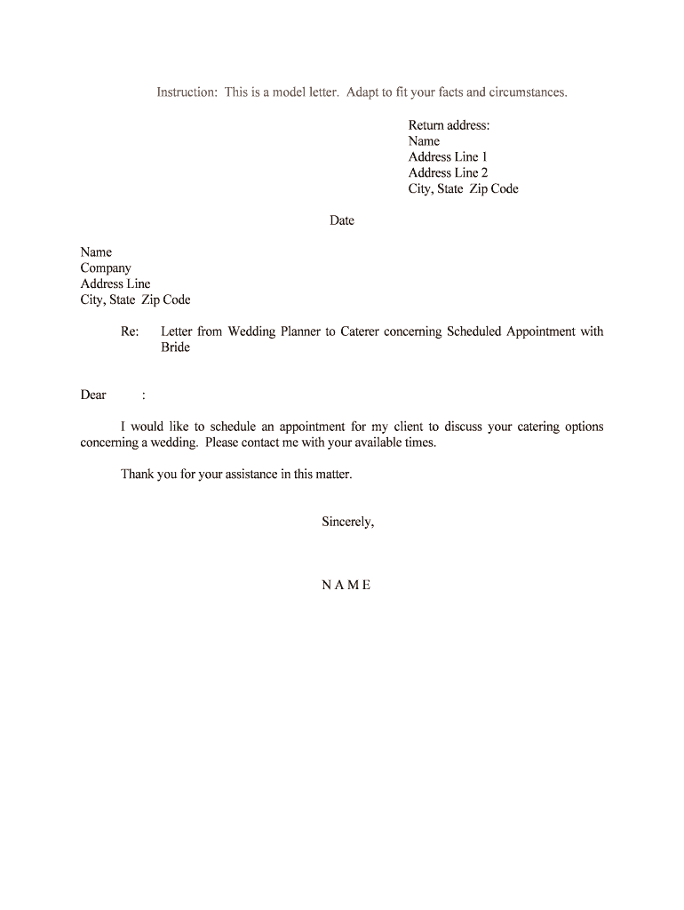 Letter from Wedding Planner to Caterer Concerning Scheduled Appointment with  Form