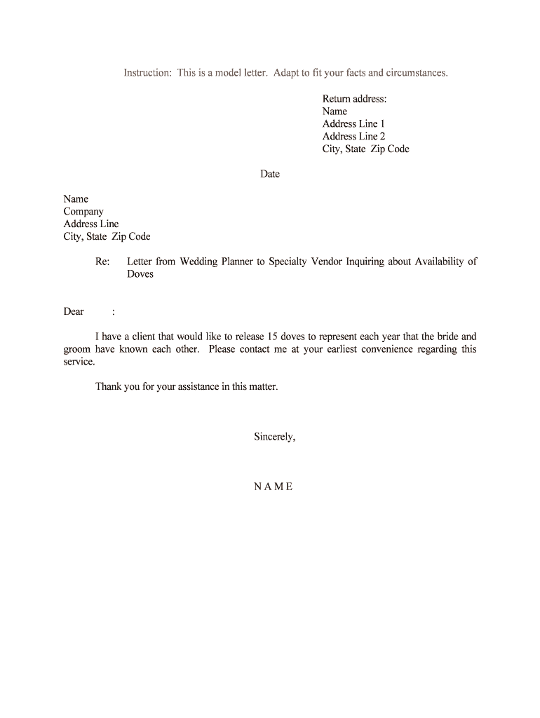 Letter from Wedding Planner to Specialty Vendor Inquiring About Availability of  Form