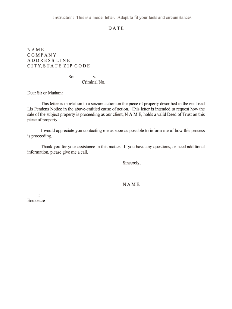 This Letter is in Relation to a Seizure Action on the Piece of Property Described in the Enclosed  Form