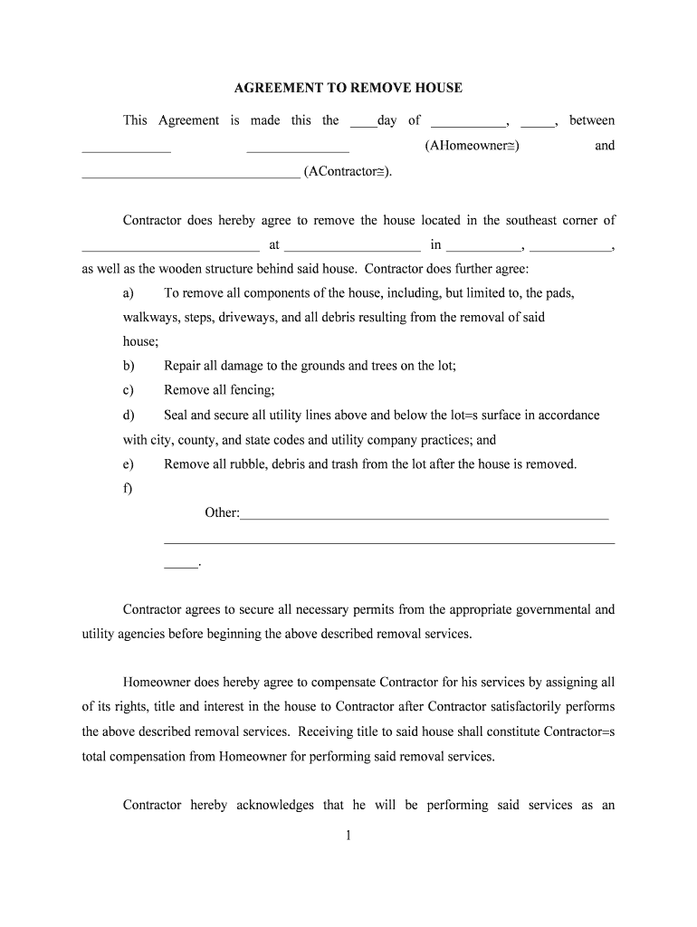 AGREEMENT to REMOVE HOUSE  Form
