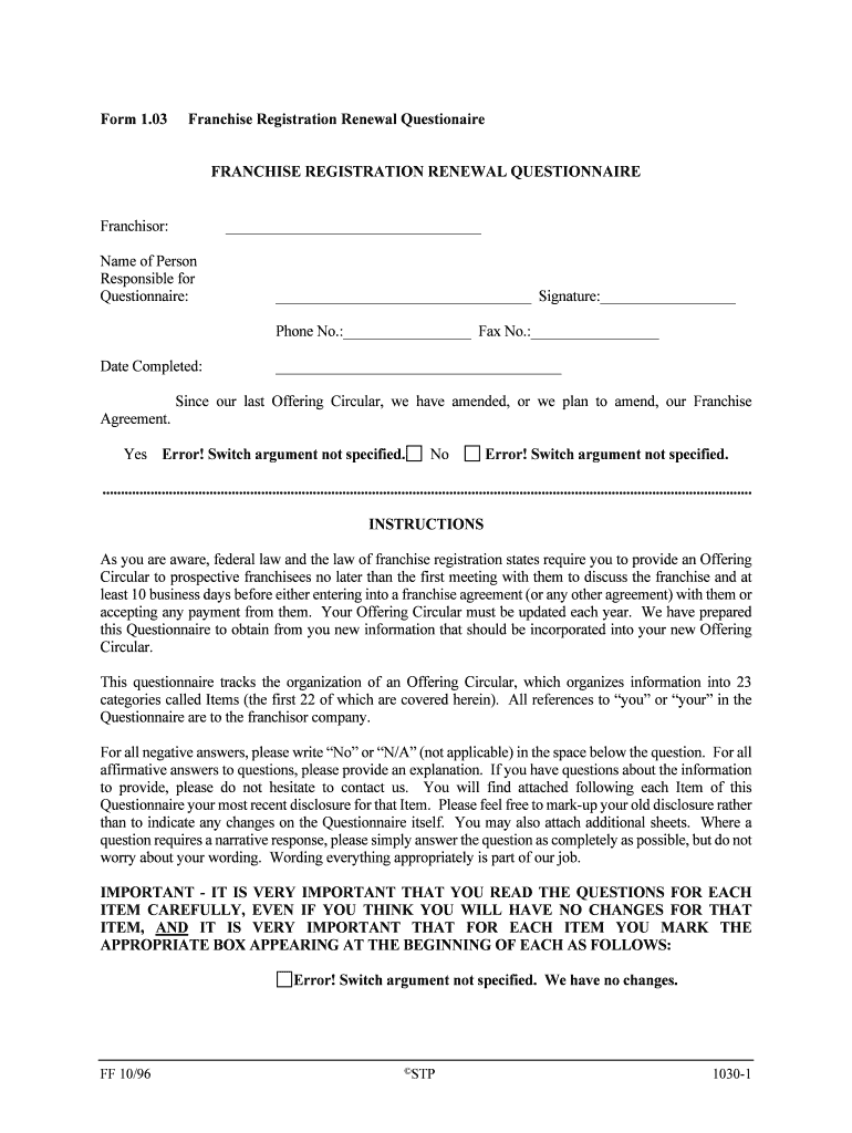 Franchise Registration Renewal Questionaire  Form