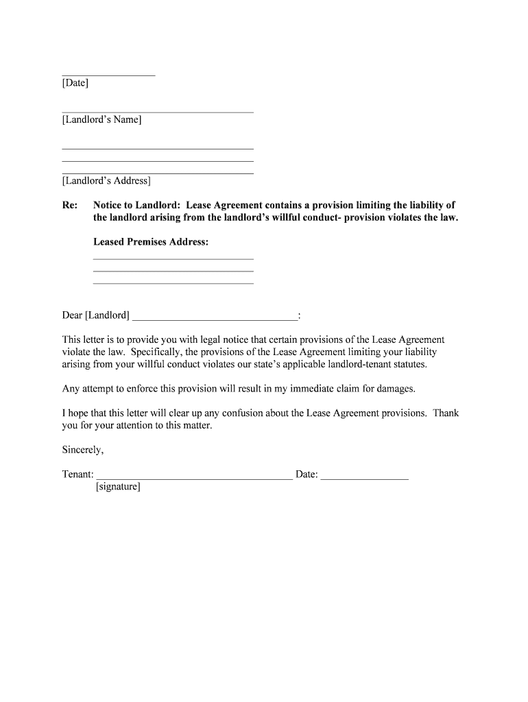 Notice to Landlord Lease Agreement Contains a Provision Limiting the Liability of  Form