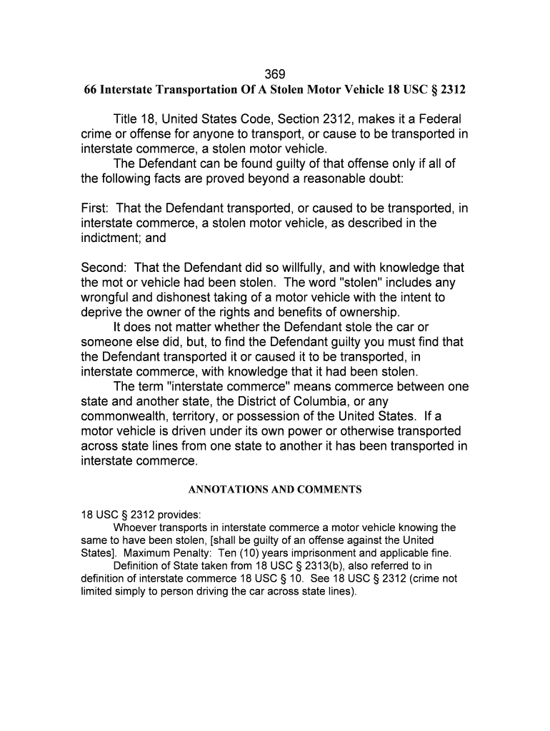 66 Interstate Transportation of a Stolen Motor Vehicle 18 USC 2312  Form