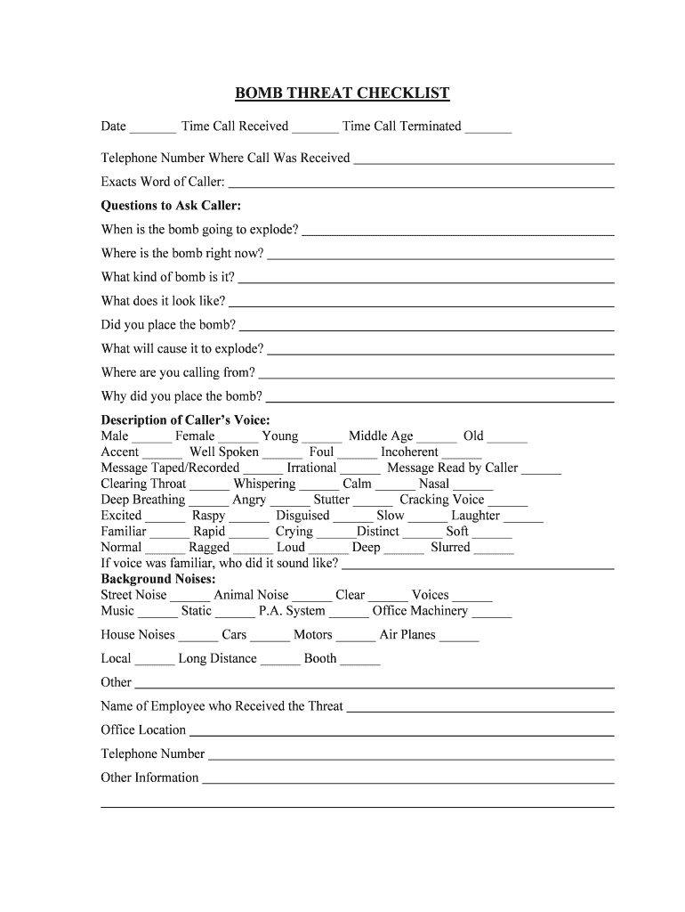 Bomb Threat Checklist Federal Emergency Management Agency  Form