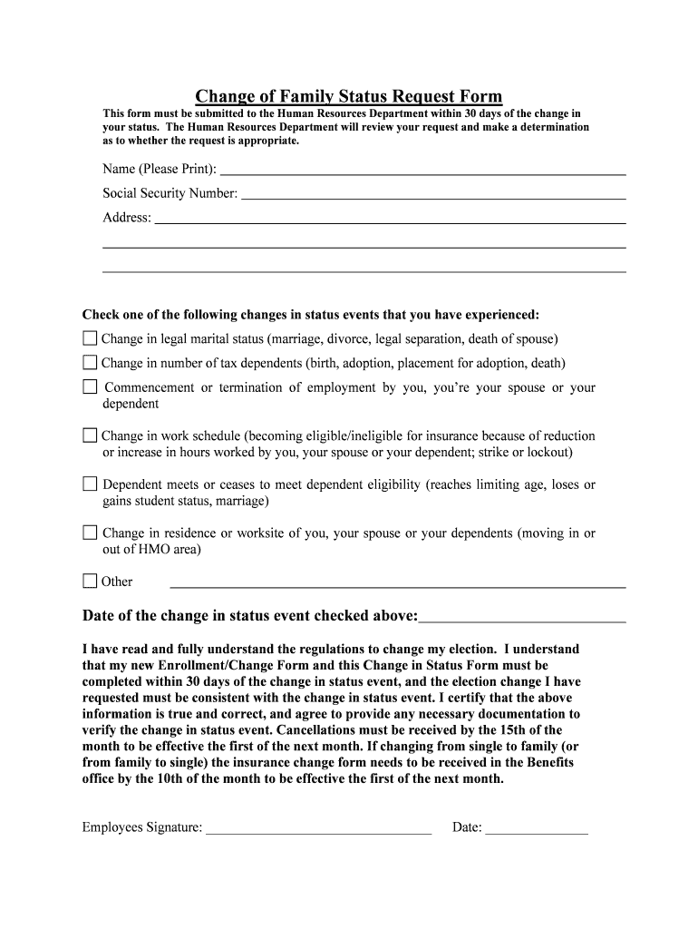 Change in Family CoverageOffice of Human Resources  Form