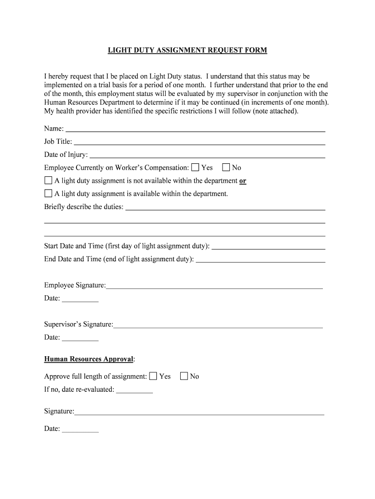 Temporary and Light Duty Assignments Fort Lauderdale Police  Form