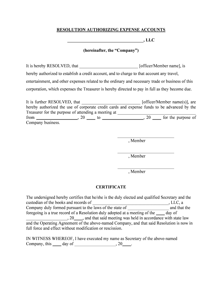 RESOLUTION AUTHORIZING EXPENSE ACCOUNTS  Form