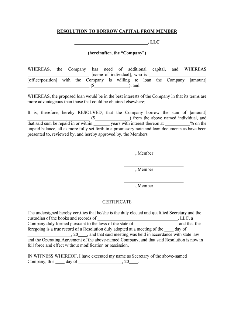 RESOLUTION to BORROW CAPITAL from MEMBER  Form