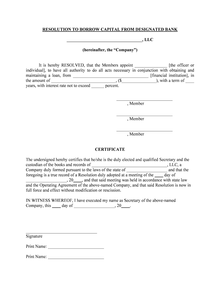 Sample Corporate Resolution to Borrow from a Designated  Form