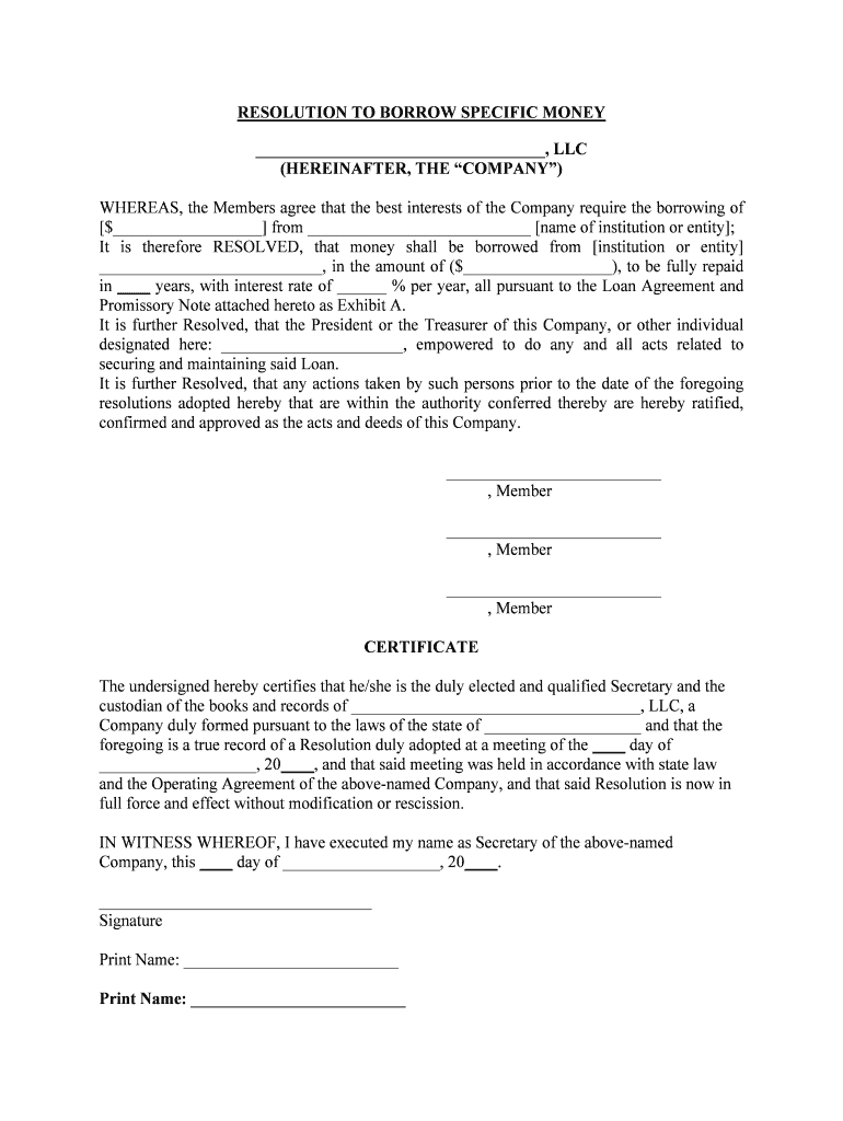 Sample Corporate Resolution to Loan Funds My Corporation  Form