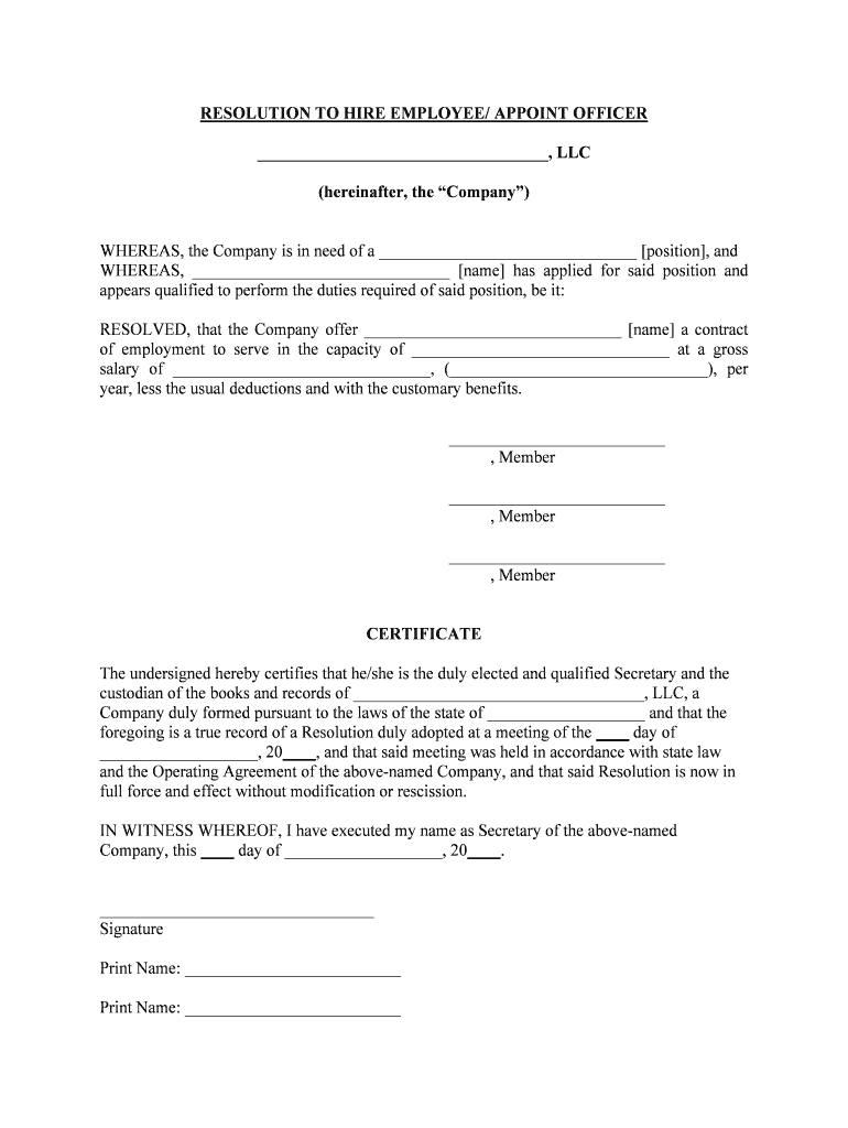 RESOLUTION to HIRE EMPLOYEE APPOINT OFFICER  Form