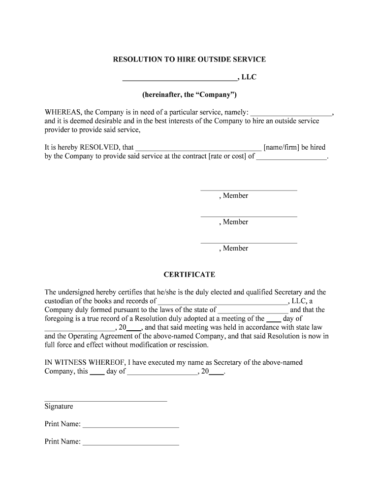 Sample Corporate Resolution to Hire an My Corporation  Form