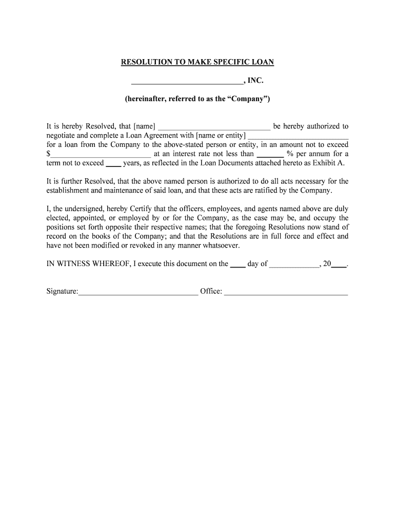 RESOLUTION to MAKE SPECIFIC LOAN  Form