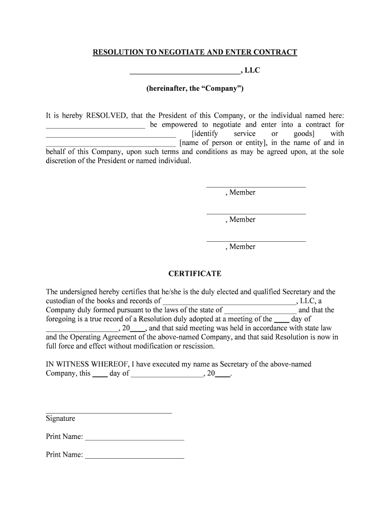Sample Corporate Resolution to Negotiate a Specific Contract  Form