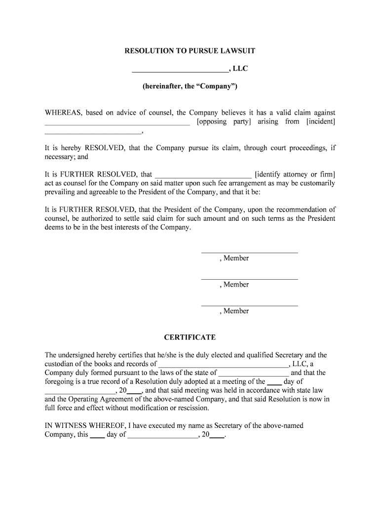 RESOLUTION to PURSUE LAWSUIT  Form