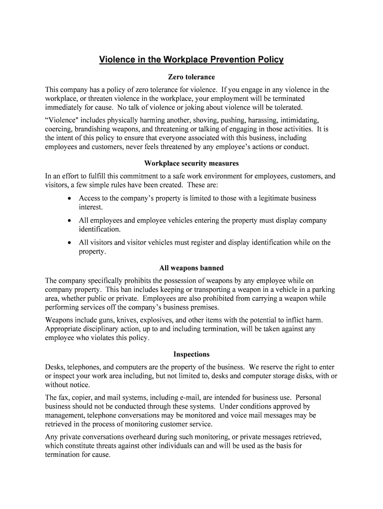 Workplace Violence Prevention Policy TemplateWord &amp;amp; PDF  Form