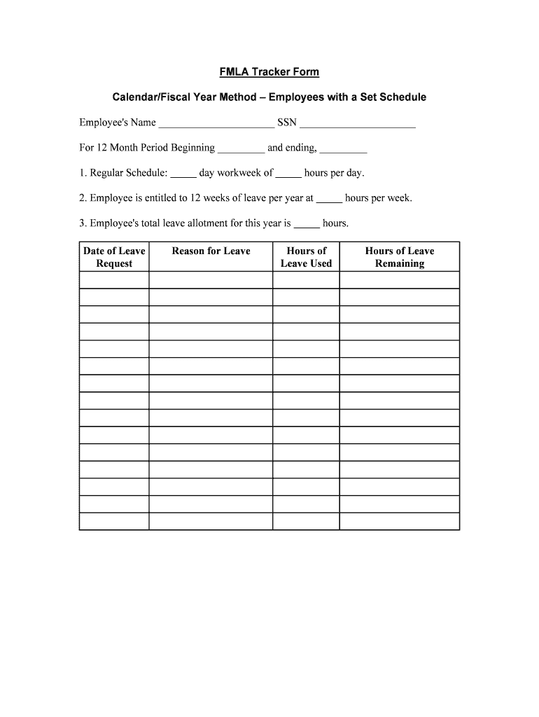 FMLA Tracker Form 1ACalendarFiscal Year Method Set Schedule Employee