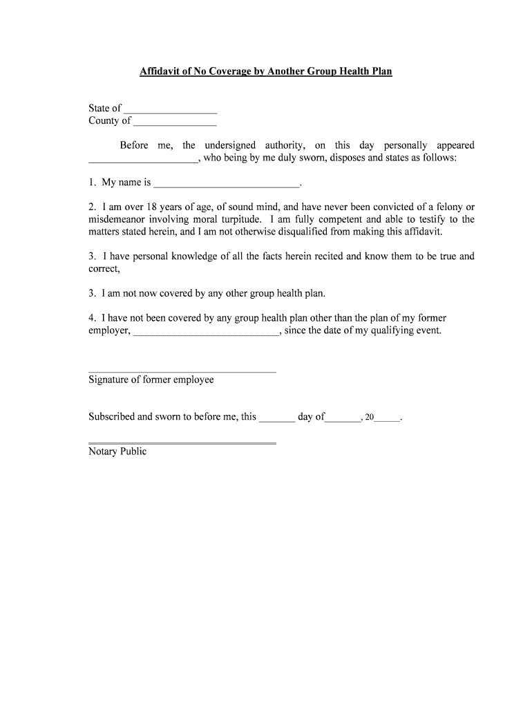 Affidavit of No Coverage by Another Group Health Plan  Form