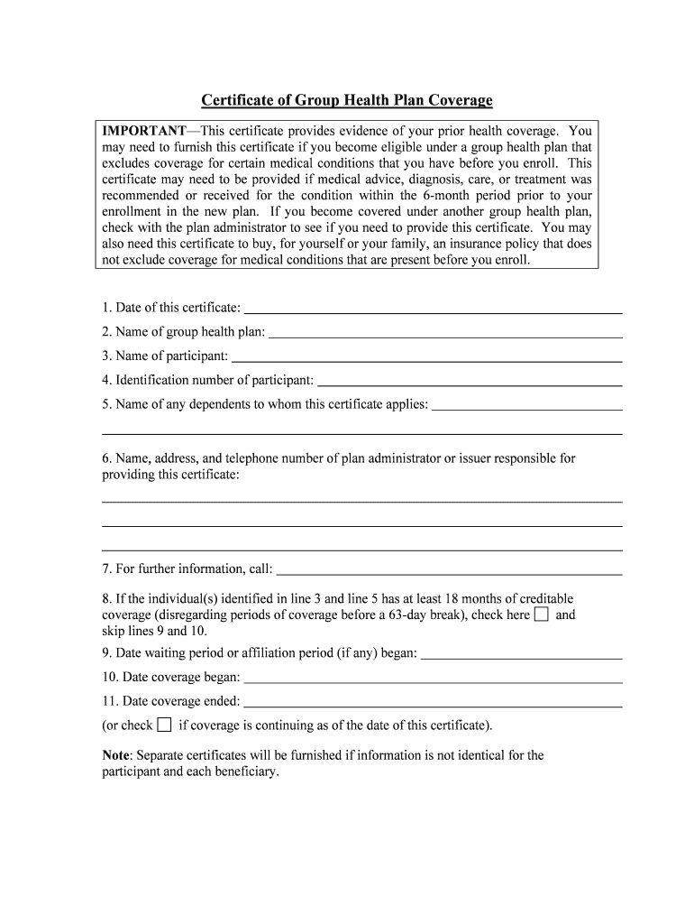 MS 285 Attachment B Certificate of Group Health Coverage  Form