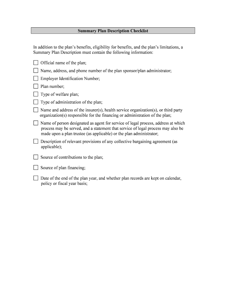 Summary Plan Description Checklist  Form