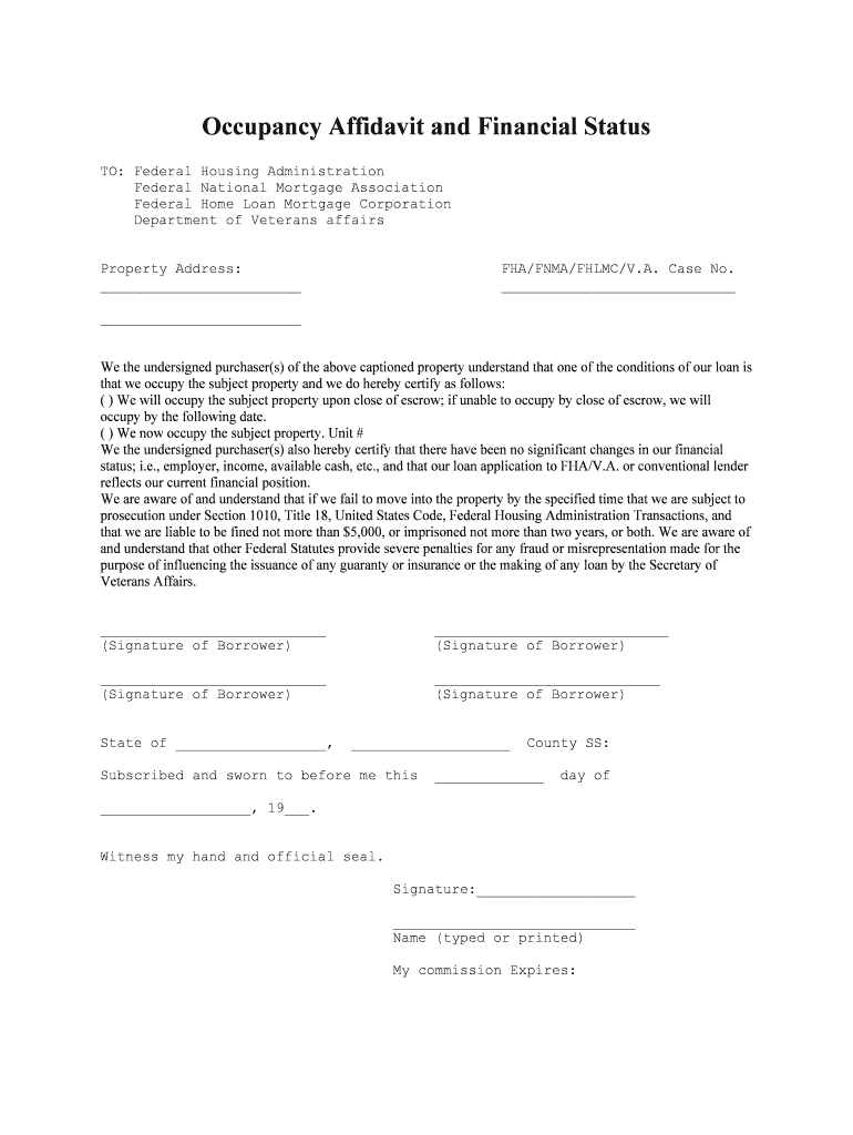 Occupancy Affidavit and Financial Status  Form