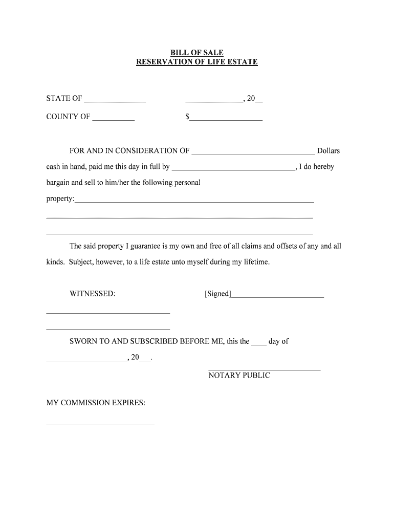 RESERVATION of LIFE ESTATE  Form