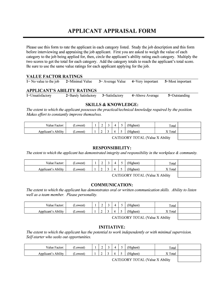 Please Use This Form to Rate the Applicant in Each Category Listed