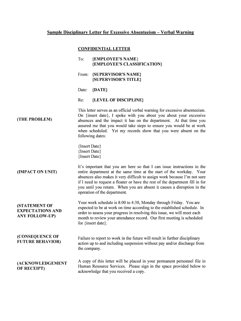 Sample Disciplinary Letter for Excessive Absenteeism Verbal Warning  Form