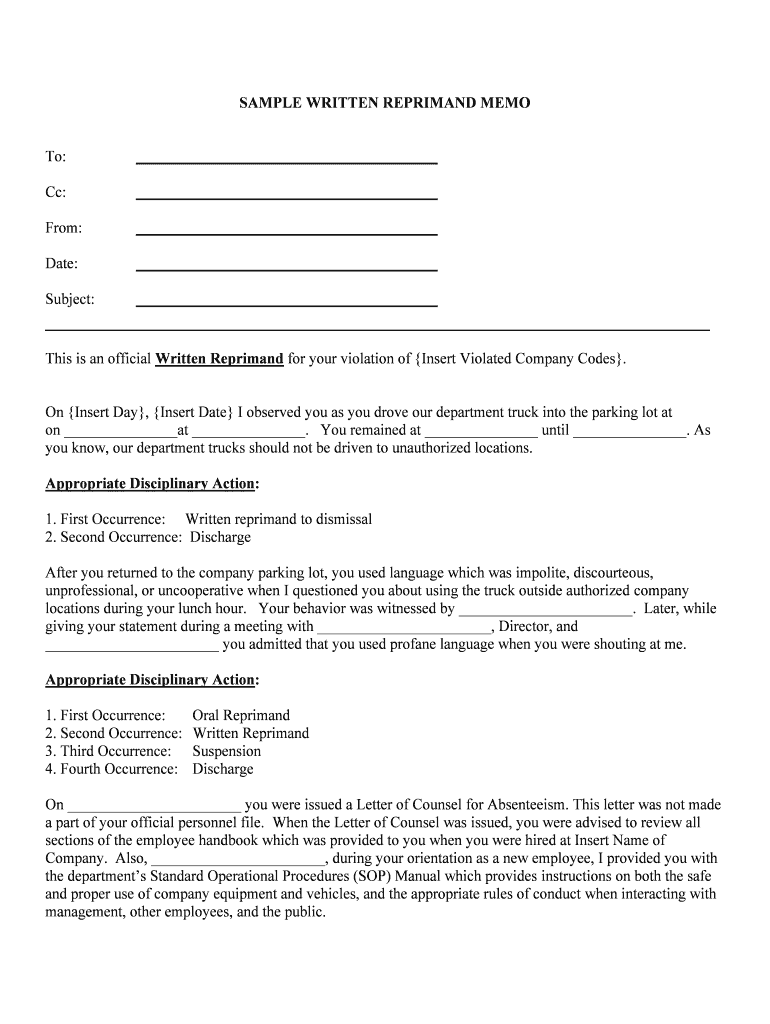 Written Reprimand Sample for Employee Attendance the  Form