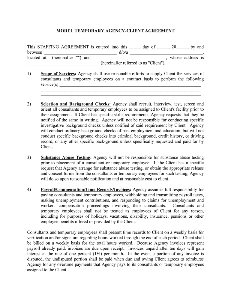 MODEL TEMPORARY AGENCY CLIENT AGREEMENT  Form