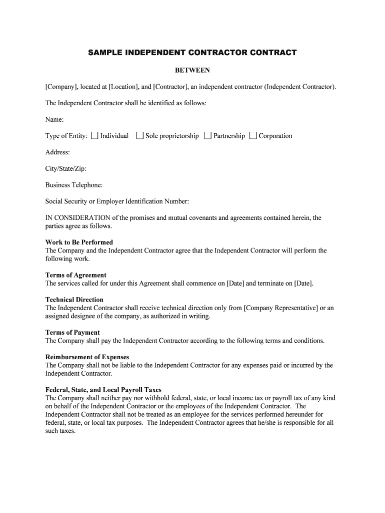 SAMPLE INDEPENDENT CONTRACTOR CONTRACT  Form