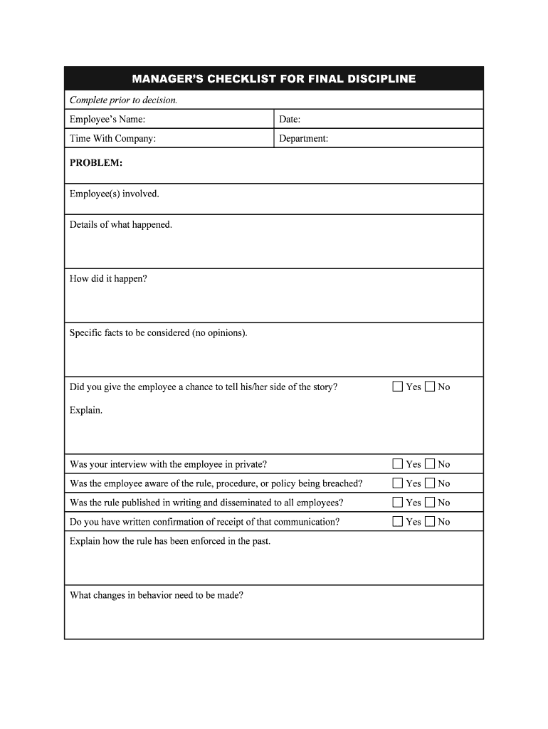 MANAGERS CHECKLIST for FINAL DISCIPLINE  Form