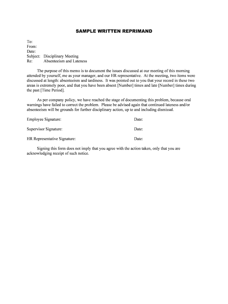 SAMPLE WRITTEN REPRIMAND  Form