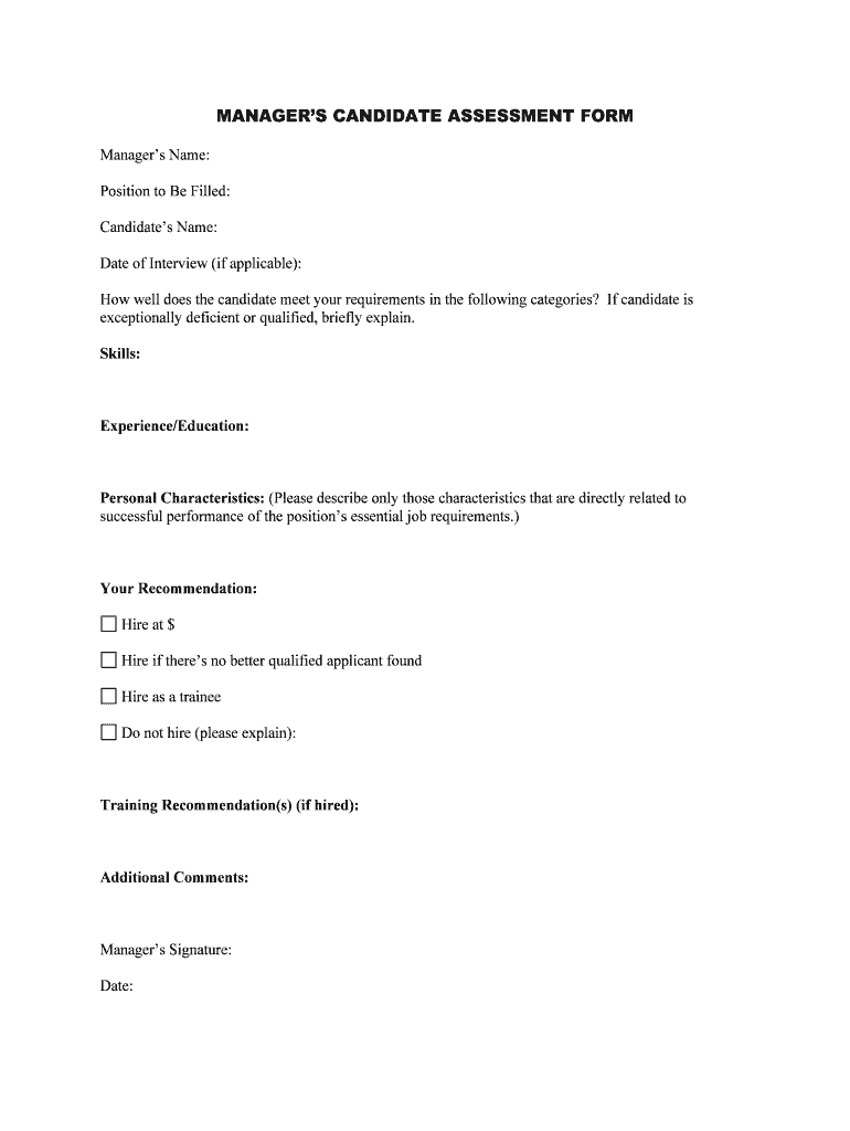 MANAGERS CANDIDATE ASSESSMENT FORM