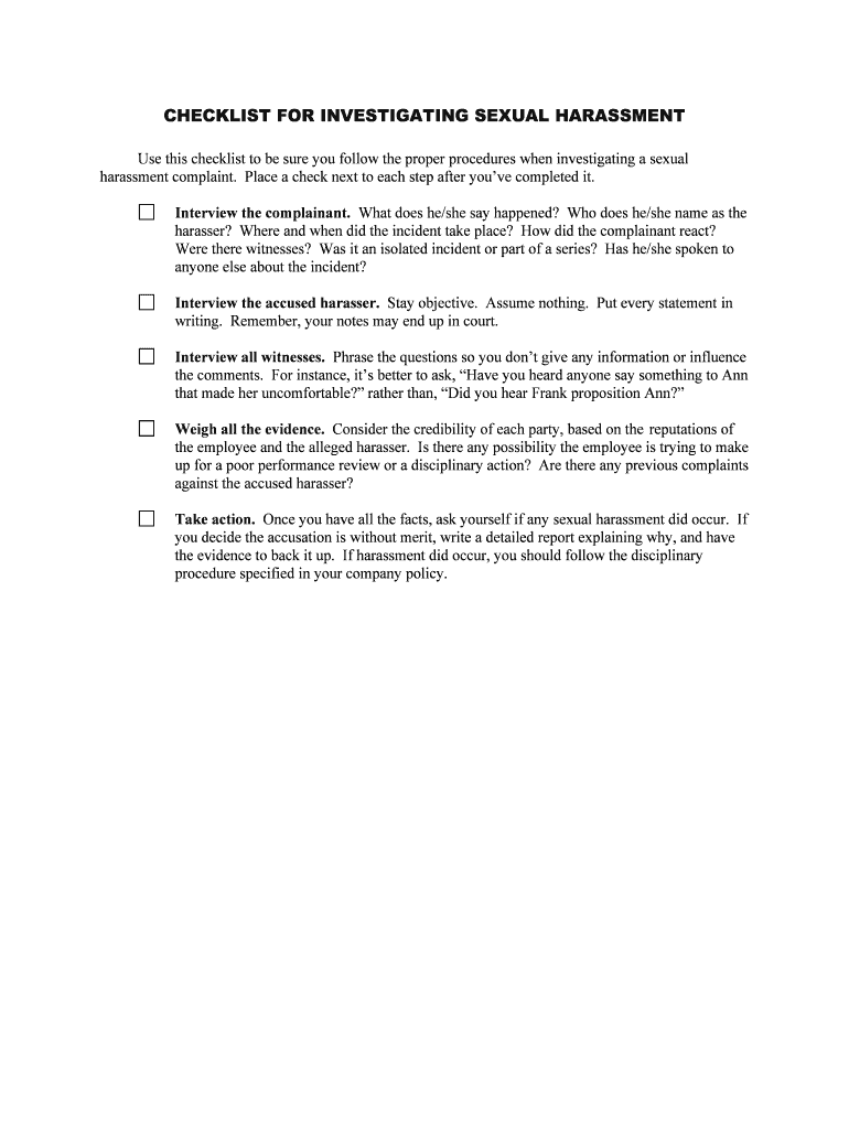 CHECKLIST for INVESTIGATING SEXUAL HARASSMENT  Form