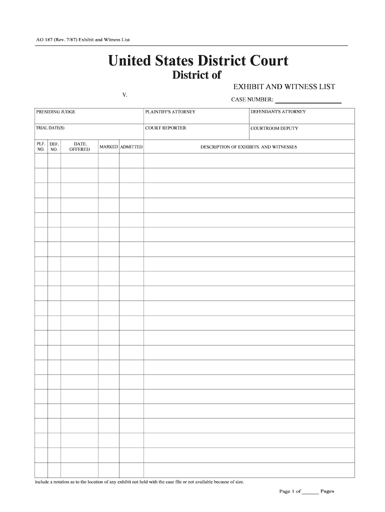 Form AO 187 Download Printable PDF, Exhibit and Witness