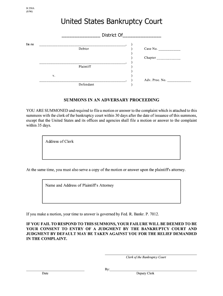 YOU ARE SUMMONED and Required to File a Motion or Answer to the Complaint Which is Attached to This  Form