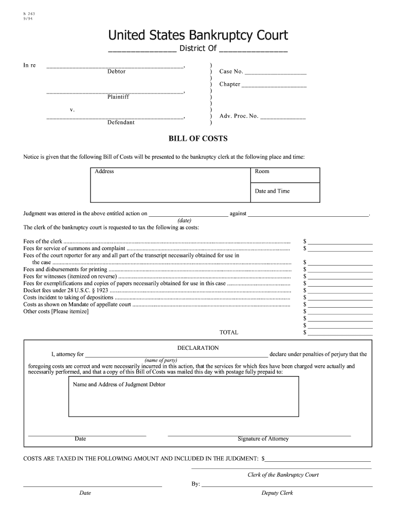 Notice is Given that the Following Bill of Costs Will Be Presented to the Bankruptcy Clerk at the Following Place and Time  Form