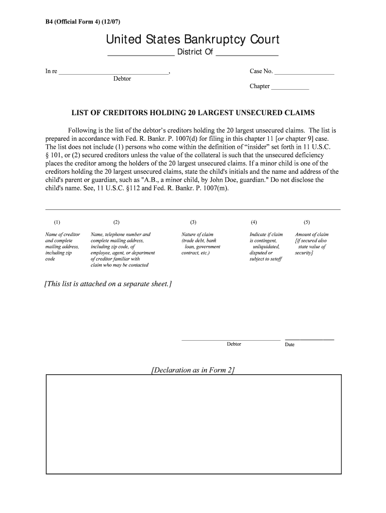 Creditors Who Have Unsecured Claims United States Courts  Form