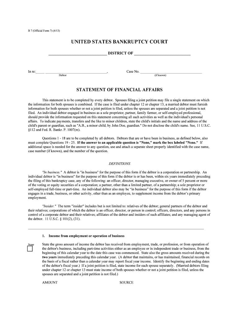 Statement of Financial Affairs for Individuals Filing for  Form