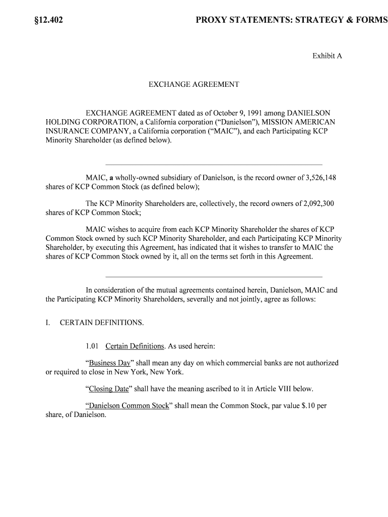 EXCHANGE AGREEMENT Dated as of October 9, among DANIELSON  Form