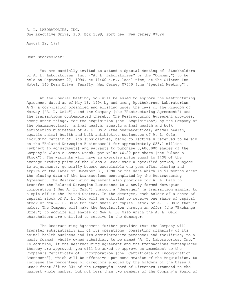 A L Laboratories Inc Definitive Proxy Statement Relating to Merger or  Form