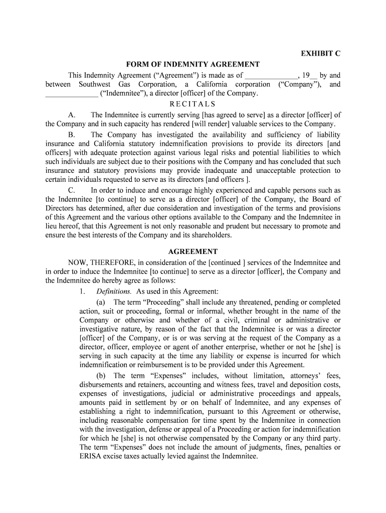 Form of Indemnity Agreement Entered into between the Company